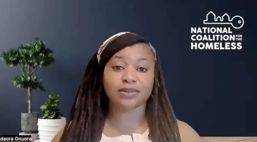 Adaora Onuora, advocate with the National Coalition for the Homeless, speaks during an interview for Unhoused and Unheard: The Black Experience of Homelessness on The Color Between the Lines podcast.