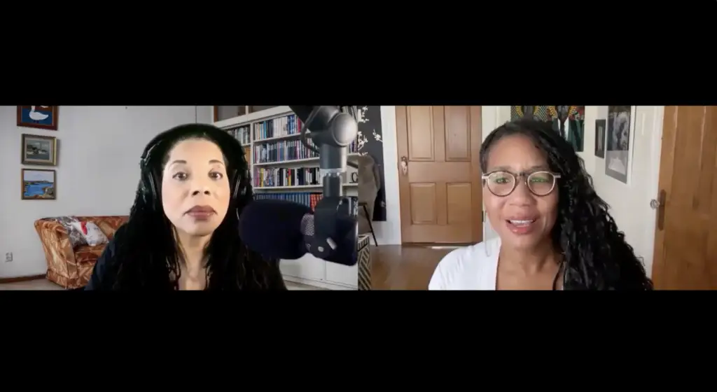 Split-screen video interview between journalist Esther Dillard and Jill Collen Jefferson discussing modern lynching investigations.