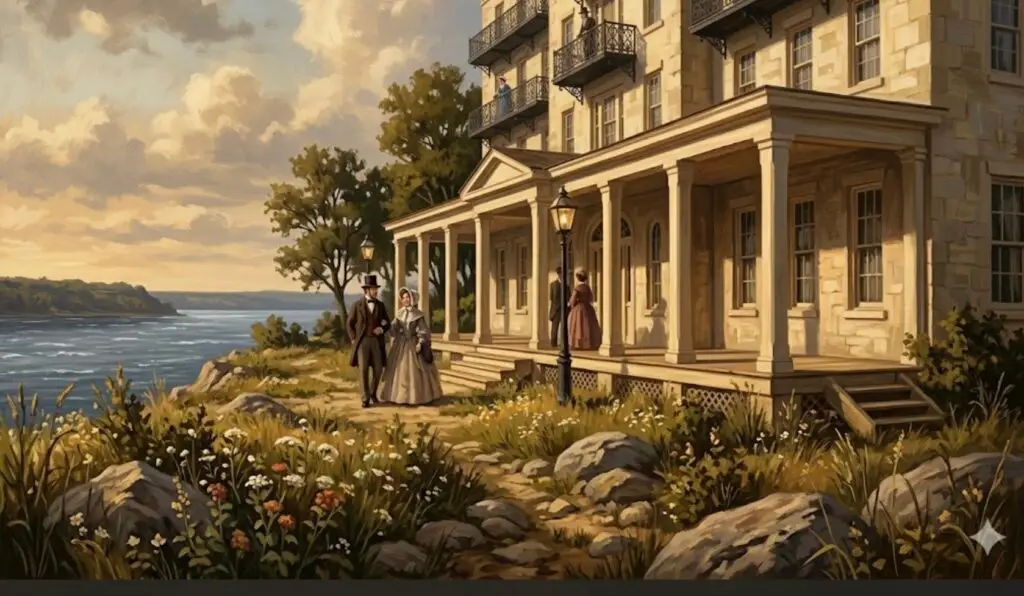Artistic depictioni of the historic Cataract House hotel on the banks of the Niagara River in Niagara Falls New York — a five story luxury hotel that served as a major Underground Railroad station in the 1840s
