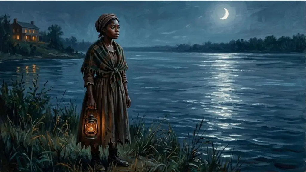 Painterly illustration of Hattie Grace standing at the Niagara River at night holding a lantern — ERASED The Cataract House