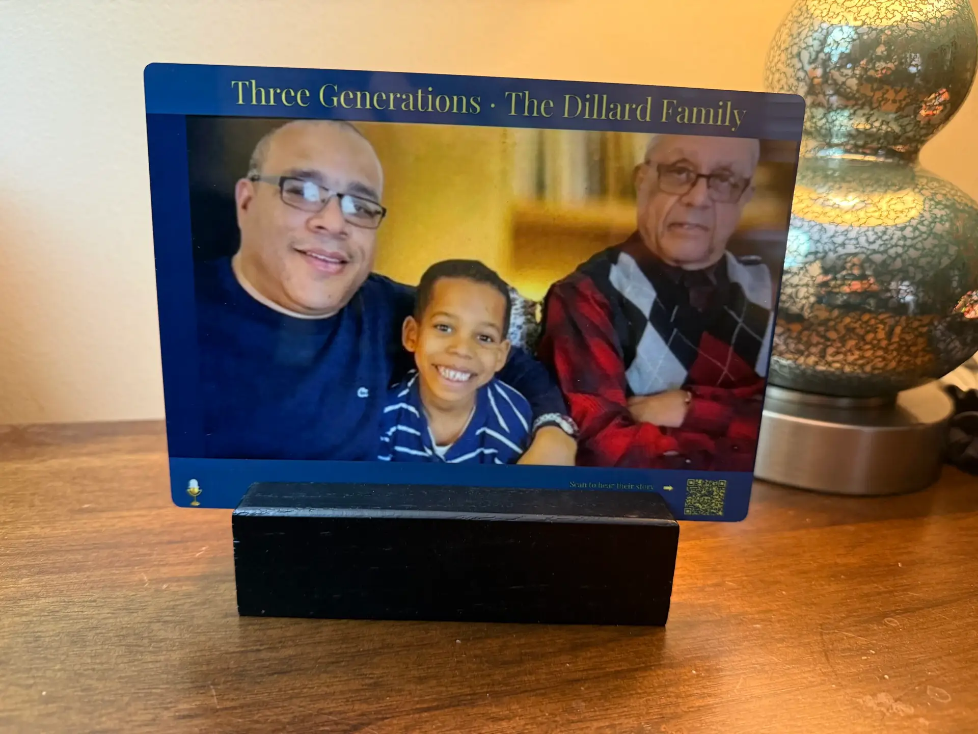 HeirSound Photo metal print on black stand three generations Dillard family audio QR code built in Canva