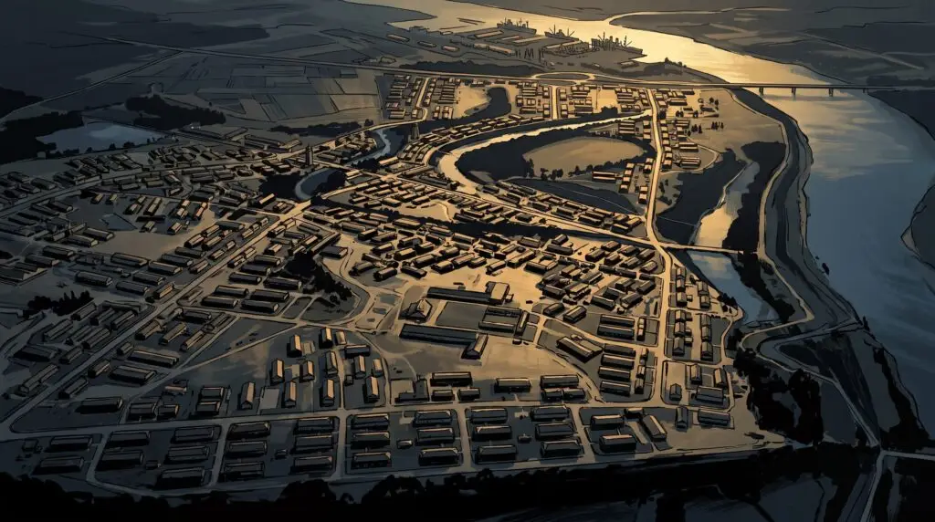 Aerial illustration of Vanport, Oregon in 1943 — the city later destroyed in the Vanport, Oregon flood of 1948.