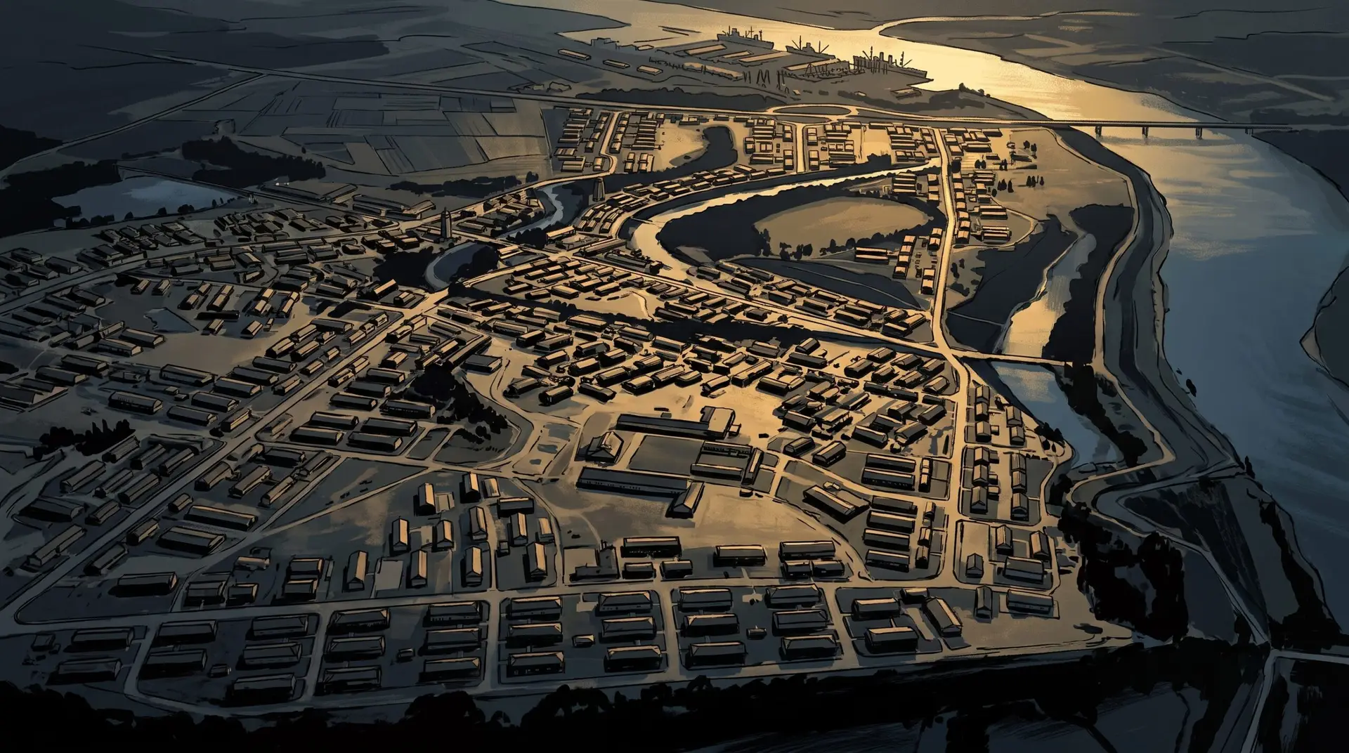 Aerial illustration of Vanport, Oregon in 1943 — the city later destroyed in the Vanport, Oregon flood of 1948.